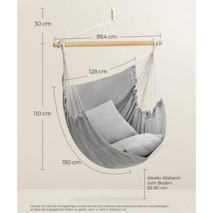 Songmics Hängesessel, Hängeschaukel, Hängestuhl mit 2 Kissen, Metallkette, bis 150 kg belastbar, Indoor und Outdoor, Wohnzimmer, Schlafzimmer, taubengrau GDC187G01 – Bild 4