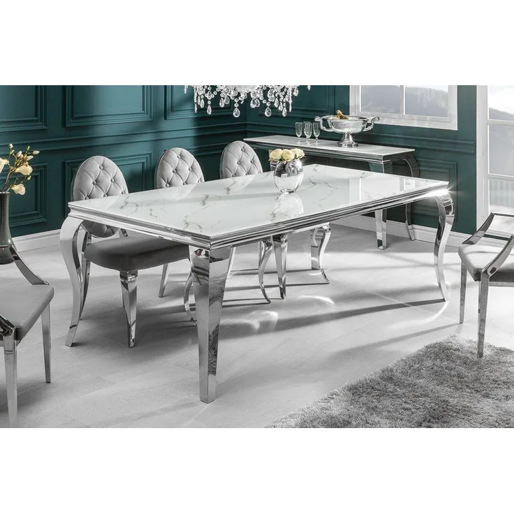 riess-ambiente Esstisch MODERN BAROCK 200cm grau / weiß (Einzelartikel, 1-St), Marmor-Design · Glasplatte · Edelstahl-Beine · bis 8 Personen