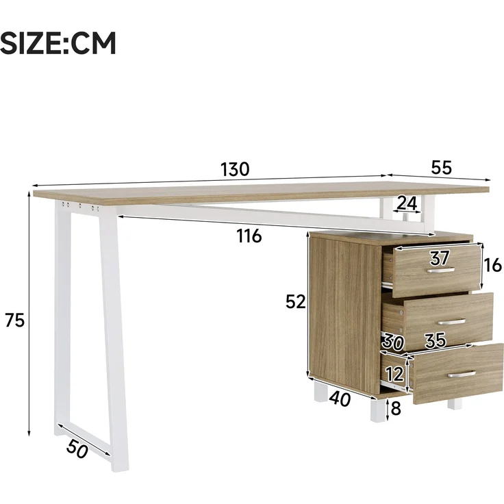 Schreibtisch 130x55x75 cm mit 3 Schubladen, MDF in Naturholzoptik und weißem Stahlrahmen – Bild 5