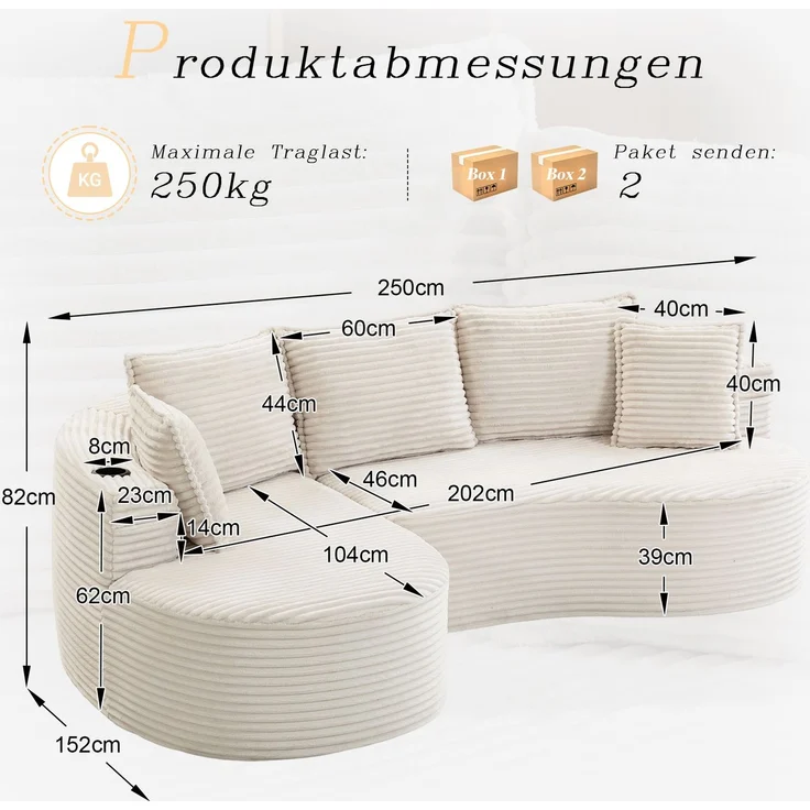 LVHOM Ecksofa L-Form, Cloud Sofa mit Tassenhalter und Seitentaschen, 3-Sitzer Sofa aus Cordstoff, kein Aufbau erforderlich, 250x152cm, Beige – Bild 6