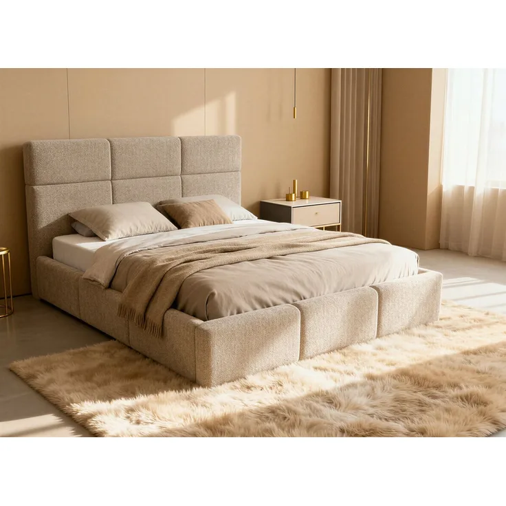 Polsterbett Celine - Bettkasten mit Gasdruckfedern - Doppelbett mit Lattenrost, Bett mit Polsterkopfteil, Bettgestell, Schlafzimmer, Bouclé-Stoff (140x200 cm, Beige (Coral 65))