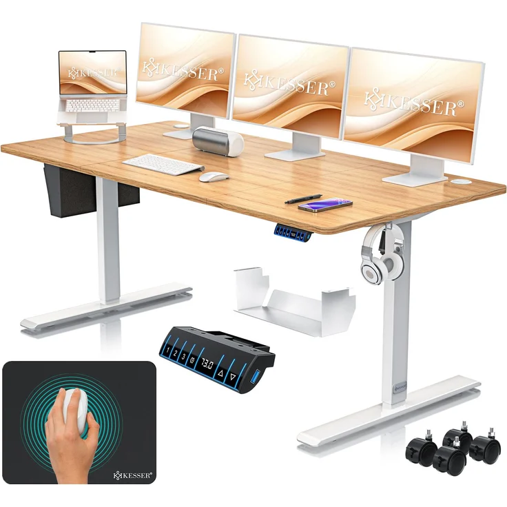 KESSER® Höhenverstellbarer Schreibtisch elektrisch | Ergonomisch Steh-Sitz Schreibtisch | 3-Funktions-Memory Steuerung | Inkl. 360° Rollen & USB-Ladeanschluss | Computertisch für Homeoffice Beige, 180 x 80 cm