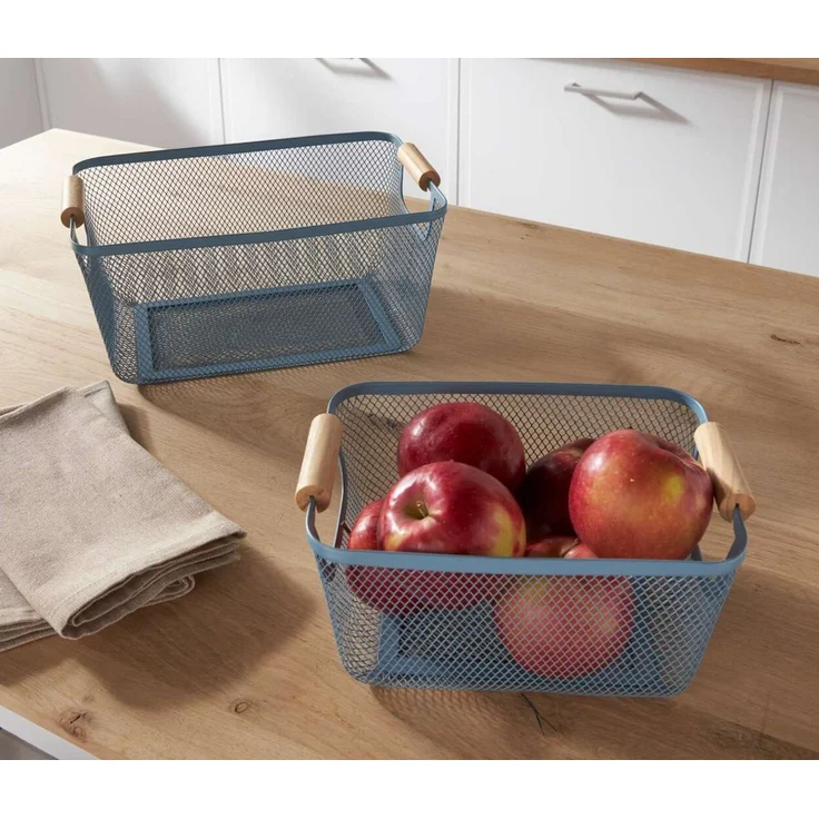 Dekoleidenschaft Aufbewahrungskorb "Blue" Metall in blau, Drahtkorb, Bambusgriffe, Ordnungsbox, Obstkorb (2 St, im Set), Regalkorb, Treppenkorb, Aufbewahrungskiste, Gemüsekorb – Bild 1