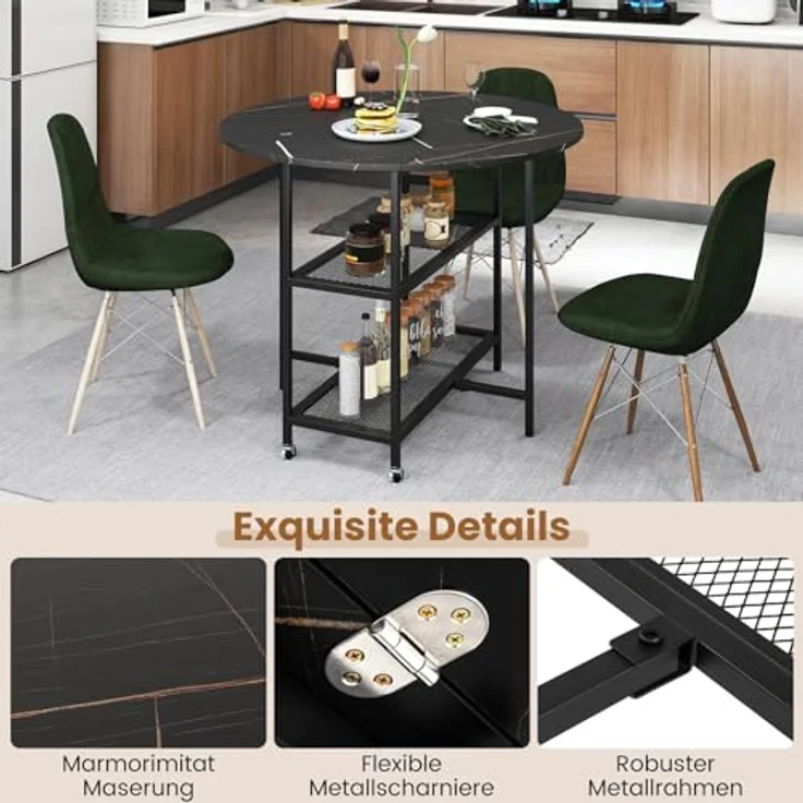 FANTASK Esstisch klappbar für 2-4 Personen, runder Esszimmertisch Küchentisch mit 2 Ablagefächern, mobiler Klapptisch Marmor Optik für Esszimmer, Wohnzimmer (Schwarz) – Bild 7