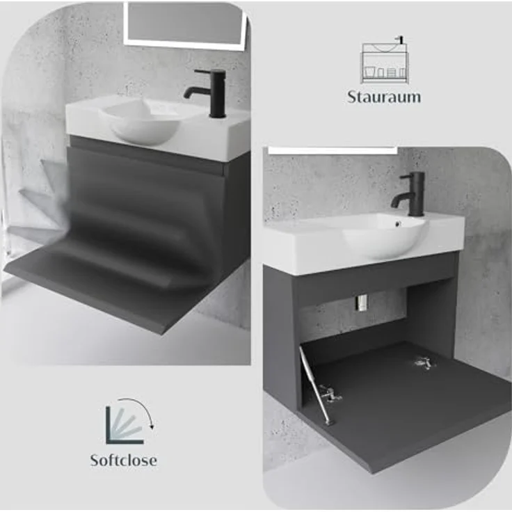 Alpenberger Badmöbel-Set Waschbecken mit Unterschrank 55 cm Breit, (Badezimmermöbel Waschtisch, Badschrank Schmal), Waschbeckenunterschrank mit Softclose – Bild 5