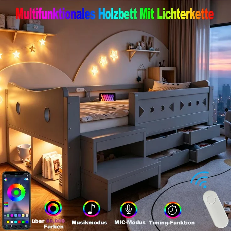 Kinderbett 90×200 cm mit Sicherheitsgittern, Stauraum und LED, Grau, ohne Matratze – Bild 6