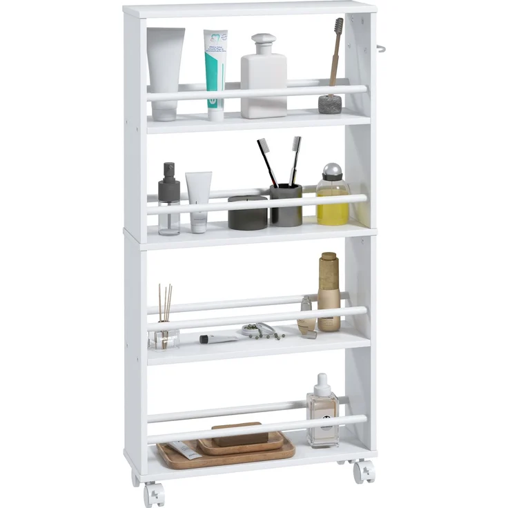 MELAYR, Multifunktionsregal mit Rollen, schmale Bauweise, 4 Fächer, 45x15x91 cm, Weiß – Bild 1