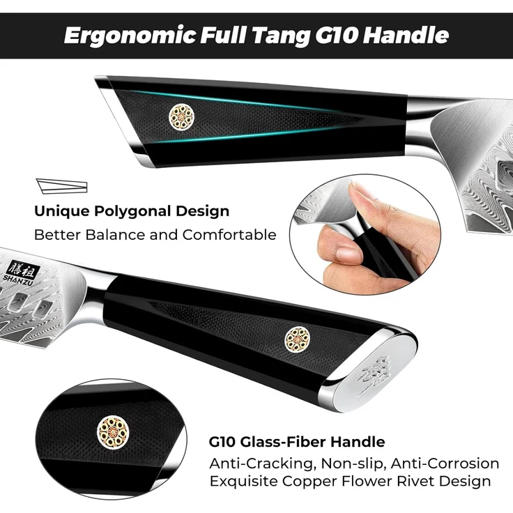 SHAN ZU Damastmesser, Santokumesser Küchenmesser 18cm Kochmesser Damaskus 10Cr15Mov Edelstahl Scharfe Messerklinge Ergonomischer G10 Griff Exquisiter Geschenkverpackun – Bild 3
