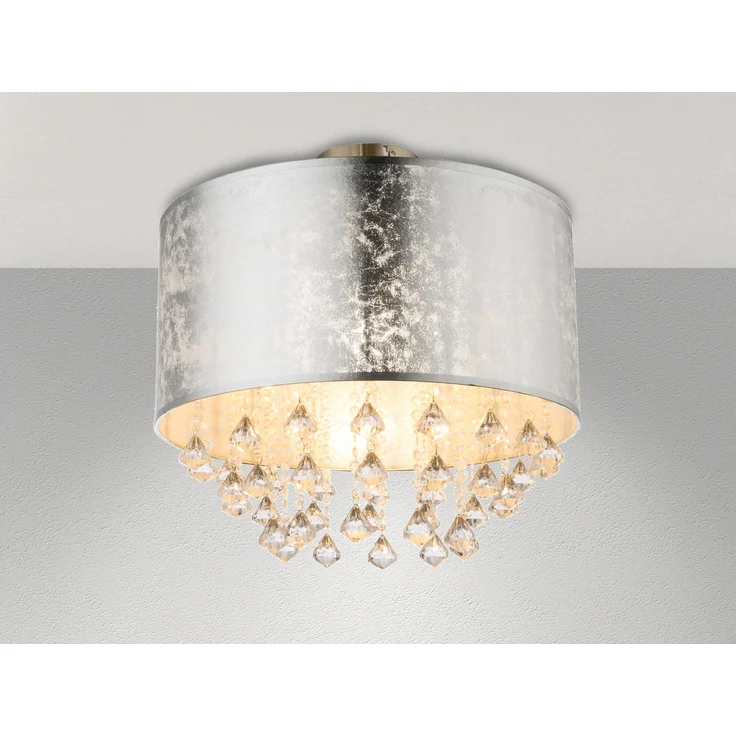LED Deckenleuchte mit Stoff Lampenschirm Silber & Kristall Behang, Ø 40cm – Bild 3