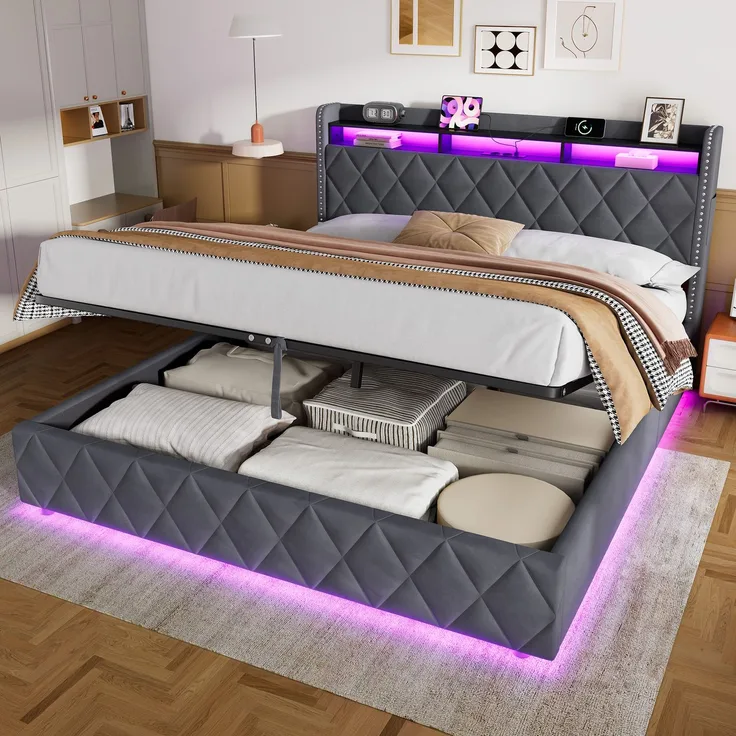 Polsterbett 180x200 cm mit hydraulischem Stauraum, LED und USB-Anschlüssen, Dunkelgrau – Ohne Matratze