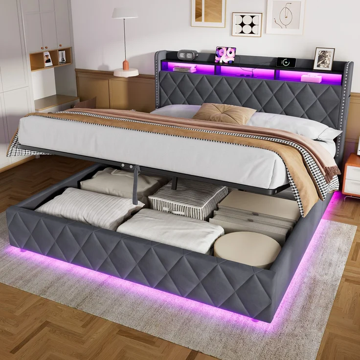 Polsterbett 180x200 cm mit hydraulischem Stauraum, LED und USB-Anschlüssen, Dunkelgrau – Ohne Matratze – Bild 1
