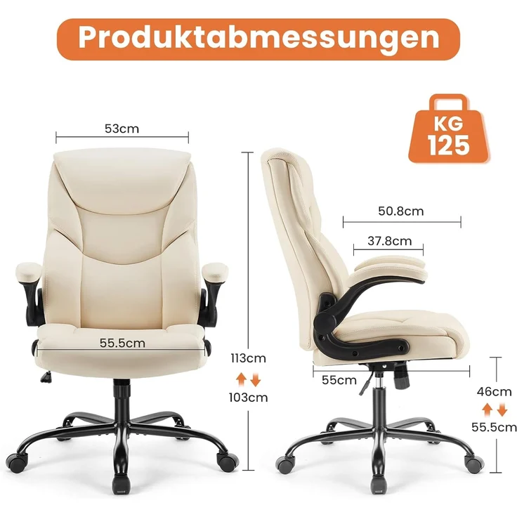 Sweetcrispy Chefsessel PU Leder Bürostuhl Ergonomisch, Schreibtischstuhl mit Hochklappbaren Armlehnen, Ergonomischer Computerstuhl mit Hoher Rückenlehne, Gaming PC Drehstuhl für Arbeit Ruhe, Weiß – Bild 3
