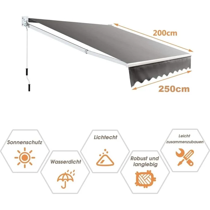 COSTWAY 2,5x2 m Gelenkarmmarkise Sonnenmarkise Balkonmarkise Terrassenmarkise Klemmmarkise mit UV- und wasserbeständigem Material, Aluminiumrahmen und -kurbel, fuer Balkon und Veranda Grau – Bild 2