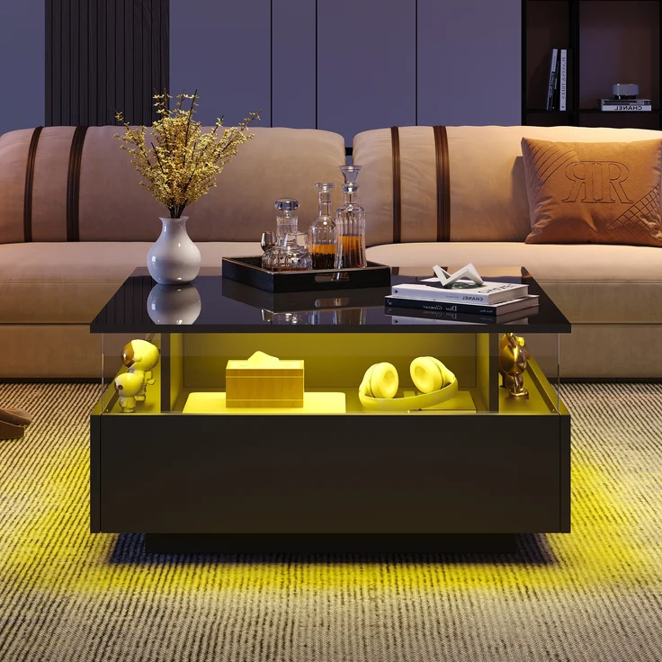 Couchtisch, Hochglanz, mit LED-Beleuchtung, 2 Schubladen & transparentem Display, 70x70x41 cm, Schwarz – Bild 2