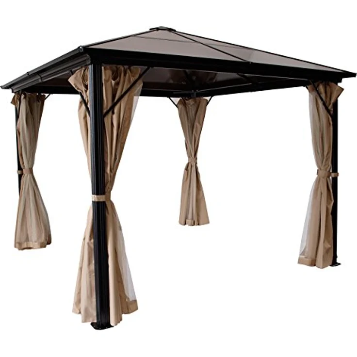 DEGAMO Pavillon Montreal 3x3 Meter, schwarzes Aluminiumgestell, Dach aus braun getönten Polycarbonatplatten, mit beigen Seitenteilen und Moskitonetz – Bild 1