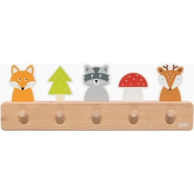 goki 60662 - Garderobe Waldfreunde aus Holz, Kindergarderobe mit 5 Haken, Niedliche Waldmotive Fuchs, Waschbär, Reh, Hakenleiste für Kinderzimmer, Fördert Ordnung und Selbstständigkeit, ab 1 Jahr – Bild 4