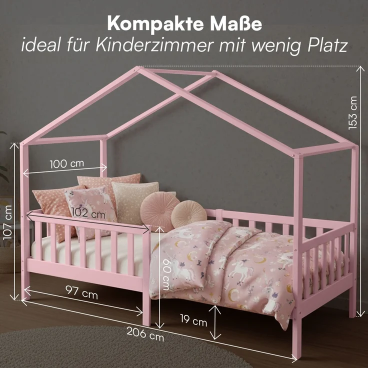Bellabino 'Bia' Hausbett 90x200 cm mit Matratze, rosa, Kiefer Massivholz, Bodenbett in Hausoptik, Montessori Kinderbett mit Rausfallschutz und Lattenrost – Bild 9