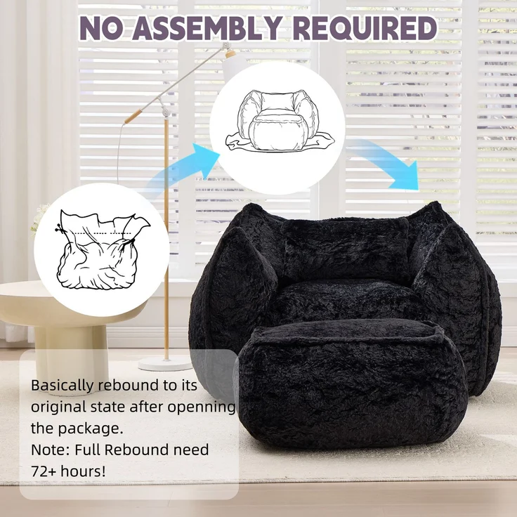 Riesiger Sitzsack für Erwachsene und Kinder, Sitzsack-Sofa mit Kunstfellbezug, Kissen und Hocker, bequemes Lese- und Spielsofa für Schlaf- und Wohnzimmer, Schwarz--Schwarz--123x157x73cm--YOUDENOVA – Bild 7