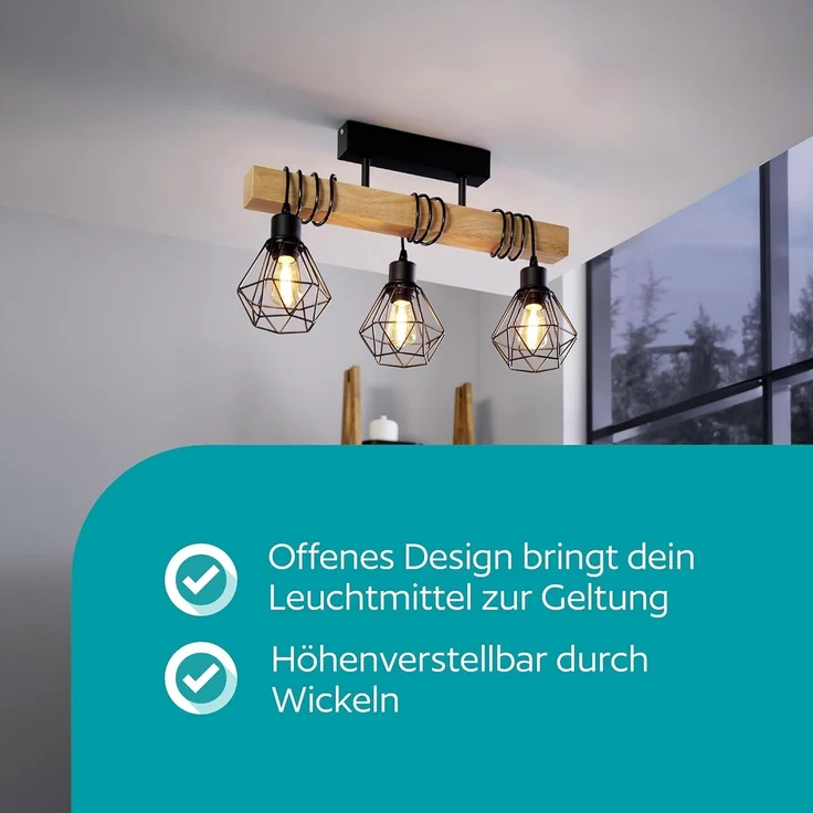 Eglo 43131 Hängeleuchte TOWNSHEND 5 Stahl schwarz, Holz braun E27 3X40W L:55cm B:20cm H:36cm dimmbar – Bild 2