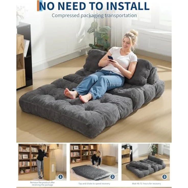GarveeHome 3-in-1 Klappbares Schlafsofa mit Kissen – Faltbare Matratze & Rückenstütze – Komfortabler, tragbarer Doppelsitzer für Wohnzimmer & Studentenwohnheim – Platzsparendes Bodensofa – Maße: – Bild 6