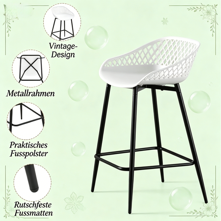 Chic Tischhockel,Barhockel mit Fußlehne,Küchenstuhl,Gartenhohler(nur mit 2Pcs Hocker)--Weiß--48.5x47x84.5cm--YOUDENOVA – Bild 4