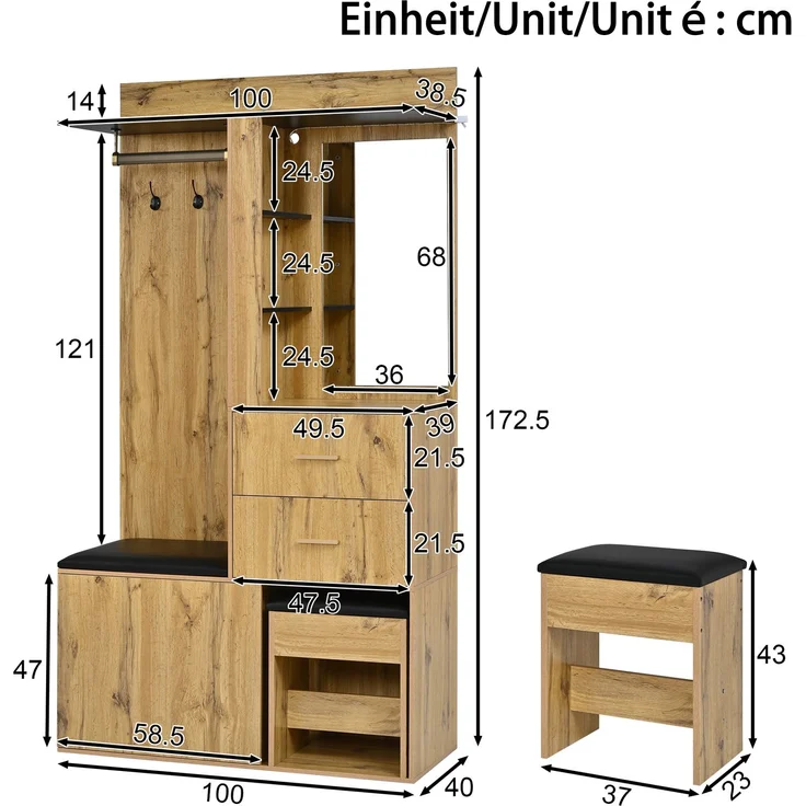 Garderobenschrank 100x40x172,5 cm mit Sitzbank, Schuhfach, Spiegel und App-LED – Bild 5