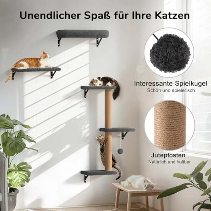 FUKUMARU Kletterwand Katzen Set, 10-teilig Katzen Kletterwand Set, aus robuster Multiplexplatte，Hängematte Katze mit Katzenhaus, Katzenbrücke, Katzenbaum, Katzentreppe bis zu 18 kg, Grau – Bild 10