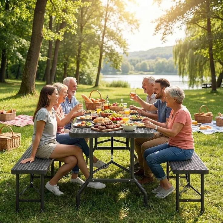 JUMMICO Bierzeltgarnitur Klappbar 3er Set Tisch & 2X Bank,Rattanoptik Biertischgarnitur 180 x 74 x 74 cm Festzeltgarnitur Biergarten Biergarnitur für Garten, Party und Camping – Bild 7