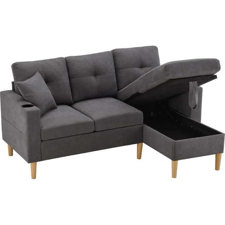 Merax L-förmiges modernes Sofa, 3-Sitzer-Sofa mit Chaiselongue, Stauraum, integriertem Getränkehalter, wird mit 2 Kissen geliefert, Dunkelgrau – Bild 9