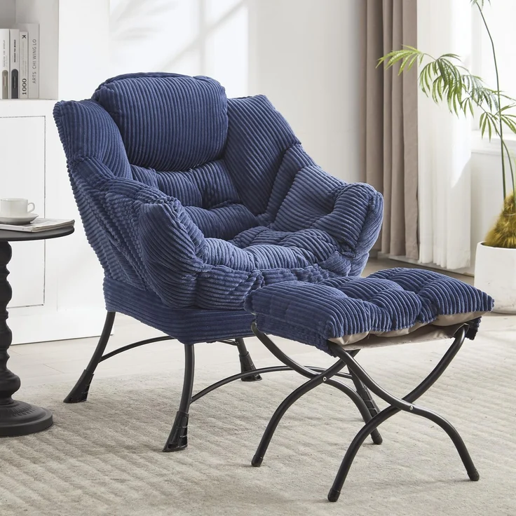 LVHOM Relaxsessel mit Hocker, Loungesessel mit Seitentasche, Lesesessel aus Cordstoff, bequem gepolstert, Metallgestell, bis 180kg belastbar, Blau – Bild 3