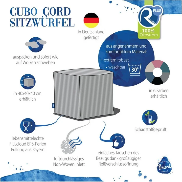 Bruni Sitzwürfel Cubo Cord - 40 x 40 x 40 cm, Sitz- und Fußhocker, als Hocker & Ablage mit Cord-Bezug, samtweich, FILLcloud-Füllung – Bild 2
