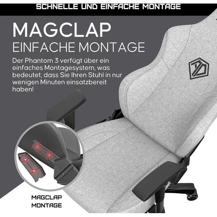 Anda Seat Phantom 3 Stoff Gaming Stuhl für Erwachsene – Ergonomisch PC Stuhl mit verstellbaren 2D Armlehnen, Kopfstütze & Lendenkissen, Bequemer Design, Belastbarkeit bis 90 kg, Grau – Bild 5