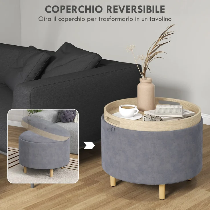 Sitzkissen mit Stauraum aus Sherpa-Stoff, max. 120 kg, mit klappbarem Tablett, aus MDF und Buche, 56 x 56 x 42 cm, grau – Bild 6
