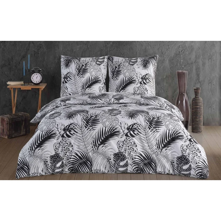 Buymax Bettwäsche Bettbezug-Set Exotic 100% Baumwolle, Baumwolle, 4 teilig, 155x220 cm Renforce mit Reißverschluss Weiß Schwarz Monstera Blätter – Bild 1
