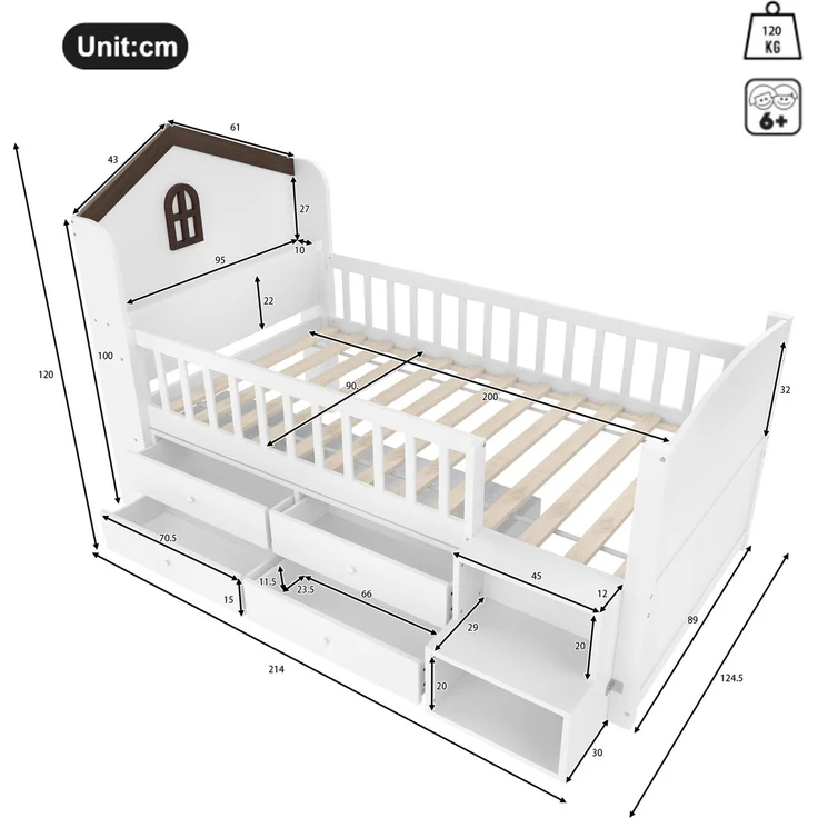 Halbhohes Kinderbett 90x200 cm in Hausform mit LED, 4 Schubladen, Regalen und Leiter, Weiß – Bild 5