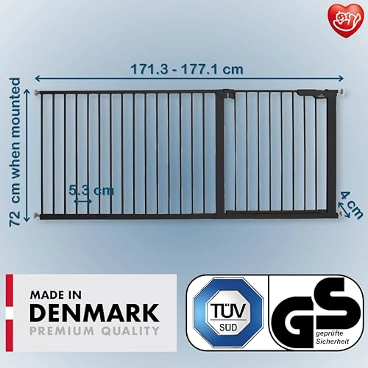 BabyDan Premier, Extra breit Ohne bohren Treppenschutzgitter, 171,3-177,1 cm, Babygitter/Sicherheitsgitter, Metall, Schwarz, Hergestellt in Dänemark - (Haustiergitter/Hundegitter) – Bild 3