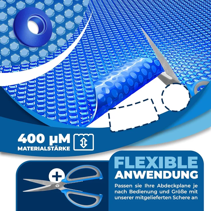 KESSER® Pool Solarfolie 400 µm | Solarplane Poolabdeckung | Solarabdeckplane flexibel zuschneidbar | Poolplane für Wassererwärmung | Solarabdeckung mit Schere, Lochzange & 12 Ösen Blau, Ø 600 cm – Bild 8