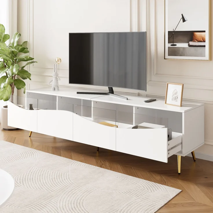 TV-Schrank mit LED, Lowboard 180 cm, Fernsehtisch weiß, Glasfront, Stauraum, Kabeldurchführung, Wohnzimmer – Bild 5