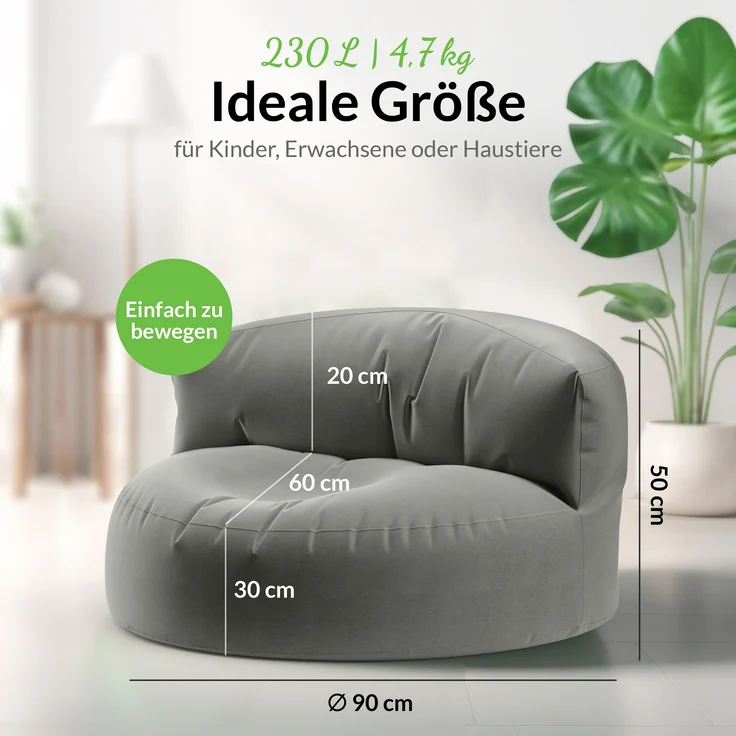 Green Bean® Sitzsack Sofa mit Füllmaterial - Lounge im Sitzsack-Design 90x50cm mit ergonomischer Rückenlehne & waschbarem Bezug - Indoor und Outdoor geeignet in Grau – Bild 3