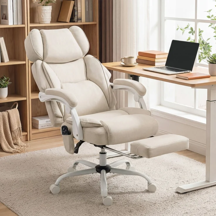 MELAYR, Hochlehner-Bürostuhl mit Vibrationsmassage und Heizung, ergonomisch, neigbar, 70 x 75.5 x 122.5 cm, Cremeweiß – Bild 3