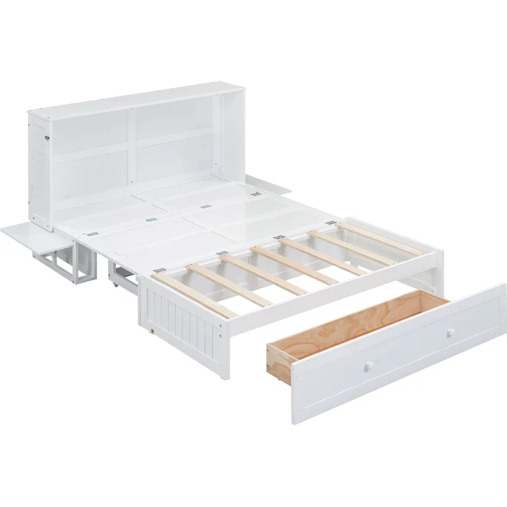 CHICFURN Bett aus Kiefernholz und MDF Weiß 140x200 cm, klappbar mit Schublade und Regalen – Bild 8