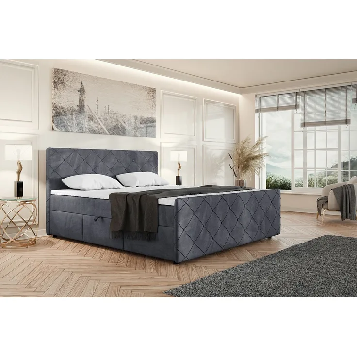 MEBLINI Boxspringbett HENRY 160x200cm - H3P/Dunkelgrau Samt - mit Bettkasten - Polsterbett - Doppelbett mit Topper & Taschenfederkern-Matratze