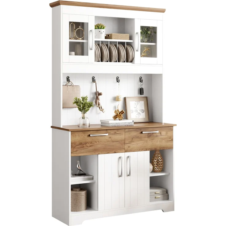 Großer Küchenbuffet Schrank mit Stauraum, Küchenschrank mit Vitrinenfächern, 2 Schubladen, Türen und Hakenleiste – Moderner Buffetschrank für Küche, Esszimmer & Flur, 106 × 39 × 176,5 cm--Natur, Weiß--106x39x176.5cm--YOUDENOVA – Bild 2