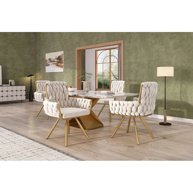 Merax Samt-Esszimmerstuhl, 2er set, Sessel, einzelner luxuriöser Wohn- und Schlafzimmer-Drehstuhl, Freizeit-Drehstuhl mit vier Stützbeinen aus Metall, beige – Bild 9