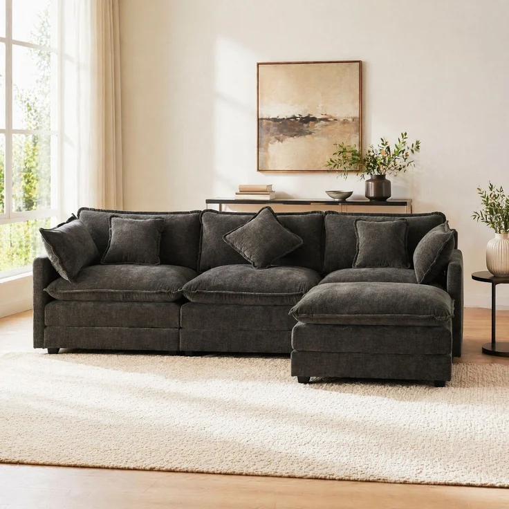 DESVIAE Sofa, 3-Sitzer mit beweglichem Fußhocker, 283x84x147 cm, Chenille, Dunkelgrau – Bild 1