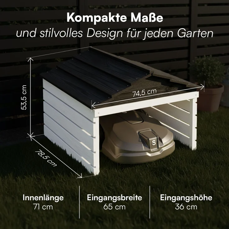 STEELSØN 'Nembus' Mähroboter Garage, Massivholz Kiefer, weiß/schwarz, mit UV-Schutzlackierung, wetterfest, 53x74x78 cm, mit abnehmbarem Dach – Bild 7