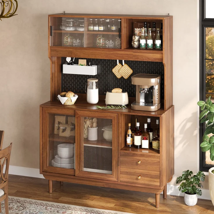 ZUBALIYA Lochplatten-Rückwand / Küchenschrank aus MDF und Spanplatte mit Kiefernholz Füßin, mit küchenbuffet mit Riffelglas-Schiebetüren und schubladen und offenen Fächern, 117.00 x 30.00 x 170.00 cm – Bild 4