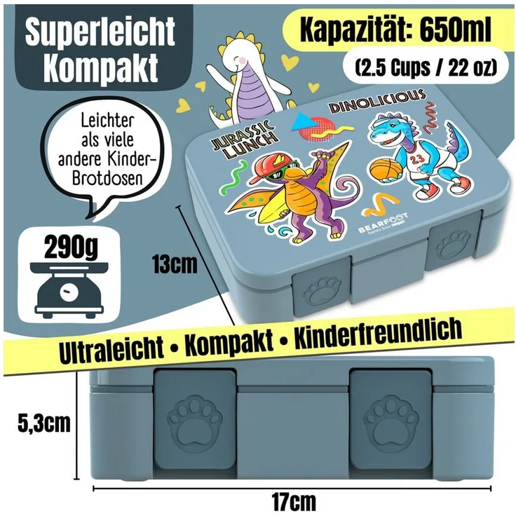 BEARFOOT Lunchbox Brotdose mit Fächern, leicht & auslaufsicher - Dinos blau, PP, ABS, Silikon, Kindergarten und Schule - Mädchen und Jungen, Vesperbox, Snackbox – Bild 4