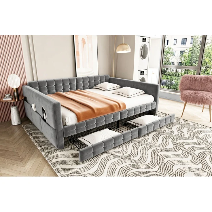 EINHOM Polsterbett Schlafsofa 140 x 190 cm, Klassisches Vollflächiges Karomuster, Staufächer an den Bettseiten, Zwei Schubladen unter dem Bett, Gäste oder als Einzelbett, Samtstoff, 140 x 190 cm, Grau, (Ohne Matratze) – Bild 5