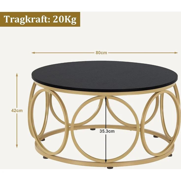 M MCombo Couchtisch Rund Holz, Modern Sofatisch Schwarz-Gold, Klein Kaffeetisch Metallgestell, Beistelltisch für Wohnzimmer, Durchmesser 80cm, 2102 – Bild 3